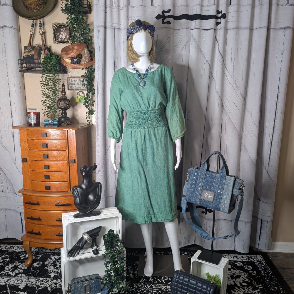 Ellementree Handmade Linen Dress Green Large